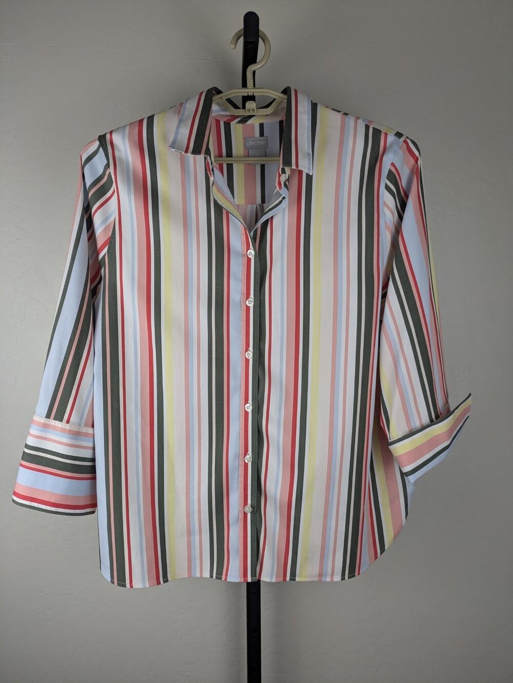 Chico's No-Iron Chic Stretch Sateen Colorful Stripe Button Down Shirt